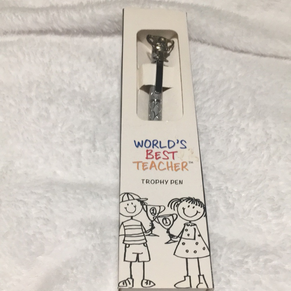 World’s best teacher silver with cut work design trophy pen new in box.